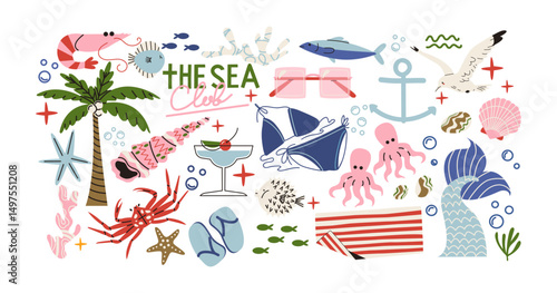 Cartoon summer stickers in retro 90s style. Summer party, vacation, beach season, shore, sun, swimwea, palm. Bright groovy funky summer elements and shapes. Sticker pack of patches, labels, stamps