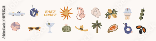 Cartoon summer stickers in retro 90s style. Summer party, vacation, beach season, shore, sun, swimwea, palm. Bright groovy funky summer elements and shapes. Sticker pack of patches, labels, stamps