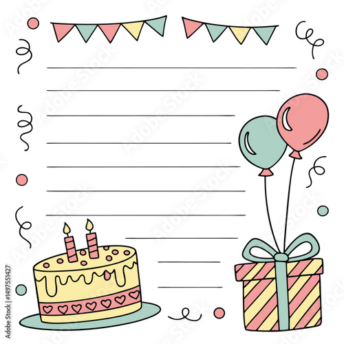 Cute birthday writing template for kids with cake balloons and gift perfect for journaling or party invites

