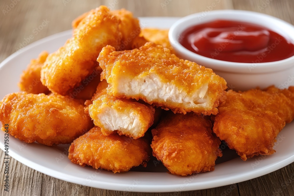 Crispy golden chicken nuggets on a white plate with ketchup. Use for fast food ads, kid's meals or lunch menu designs. Crispy golden chicken nuggets on a white plate with ketchup. Use for fast food ads, kid's meals or lunch menu designs.