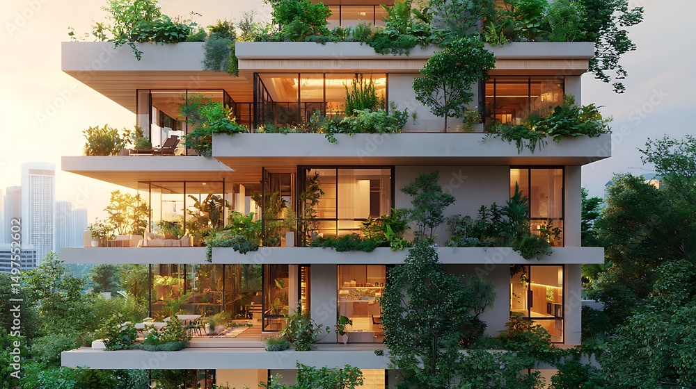 Fototapeta premium Modern eco-friendly building with lush greenery
