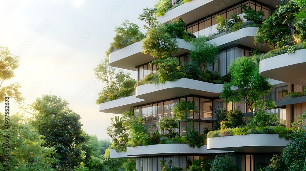 Fototapeta premium Modern eco-friendly building with lush greenery integration