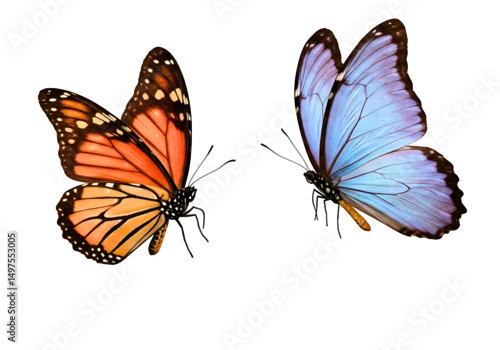 Fototapeta na wymiar Two butterflies monarch and morpho isolated on transparent background