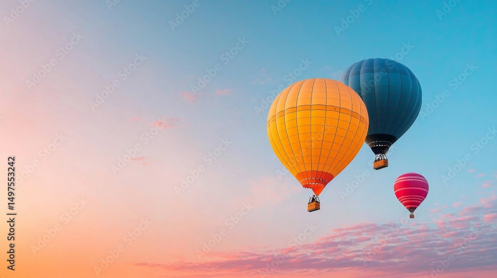 Naklejka premium Colorful hot air balloons gracefully ascend in a bright sky.