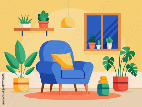 Modern cozy living room with blue armchair, potted plants, and minimalist home decor
