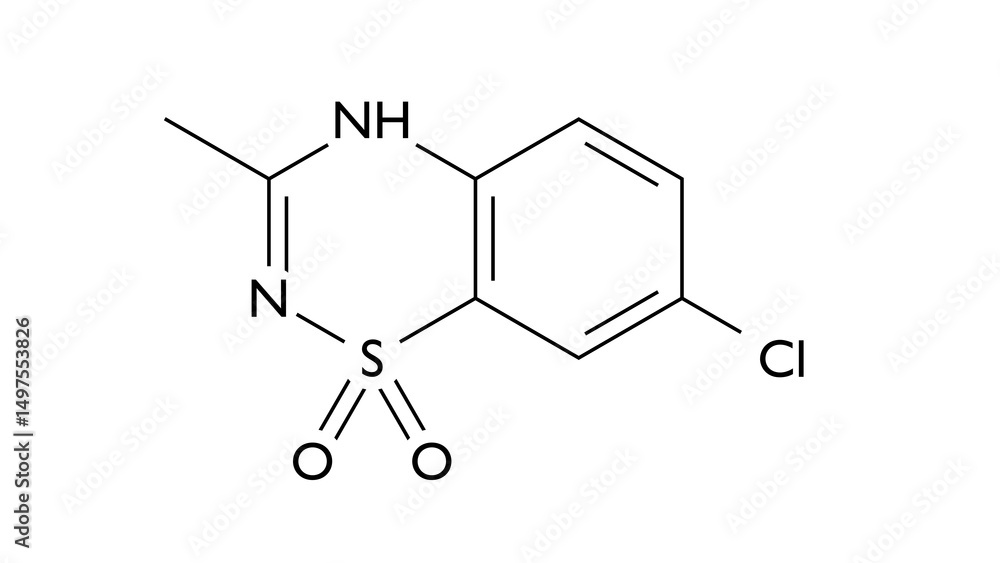 Fototapeta premium diazoxide molecule, structural chemical formula, ball-and-stick model, isolated image antihypertensive agent