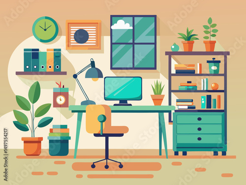 Minimalist office vector illustration featuring organized desk, bookshelf, framed art, and natural lighting