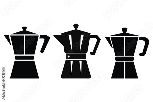 Three black moka pots with different designs stand isolated against a white background