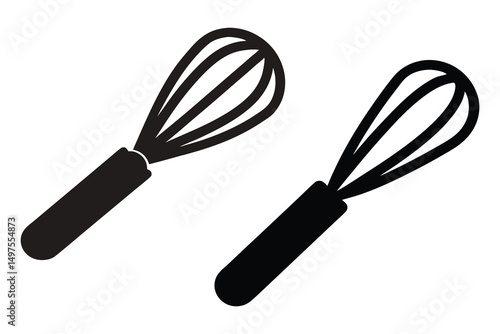 Two black whisk cooking silhouettes show the shape of essential culinary tools on white