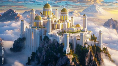 Majestic marble columns and golden domes rise through the clouds. 