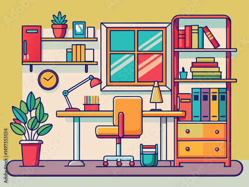 Bright and inviting modern office space illustration with bookshelves, red swivel chair, and computer