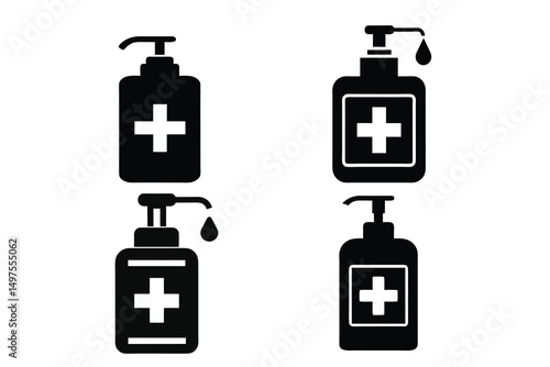 Various sanitizer dispenser bottles display white plus signs, all presented on a transparent background