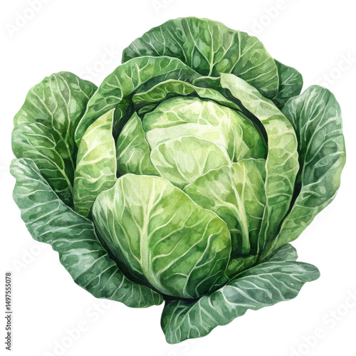 Watercolor cabbage illustration, green leafy vegetable clipart PNG, organic farm produce artwork for menus and packaging isolated on Transparent Background