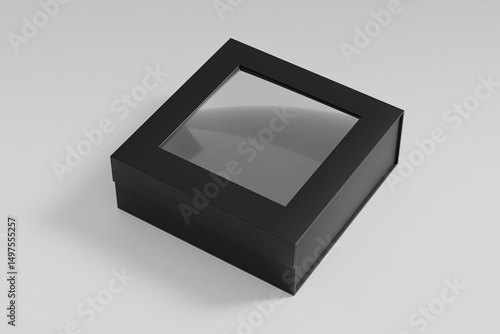 luxury paper box packaging mockup, black gift box with window display, rigid paperboard rectangular packaging, square shape cardboard box with clear pvc window, elegent perfume packaging