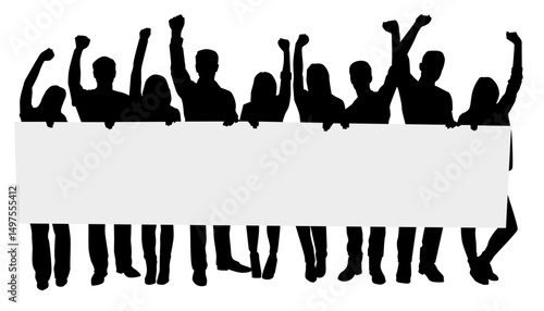 people with protest sign silhouette. People holding banner marching and protesting. 