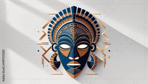 African mask design featuring geometric patterns, vibrant colors, and traditional motifs on a light background