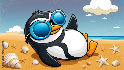 Penguin enjoying a relaxing day at the beach with sunglasses and seashells around