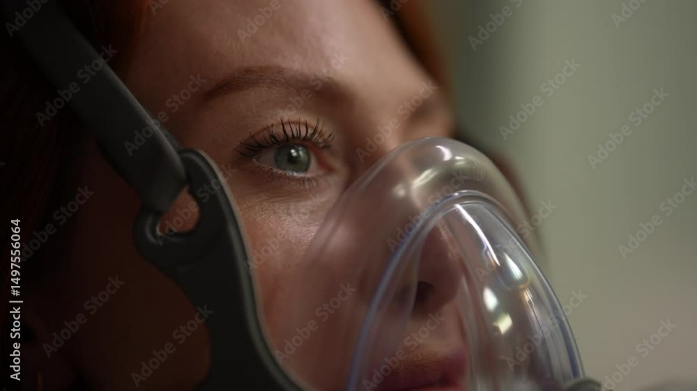 Close-up face of young woman patient performing respiratory training, comfortably breathing with oxygen mask connected to respiratory device, promoting lung capacity and overall respiratory health.