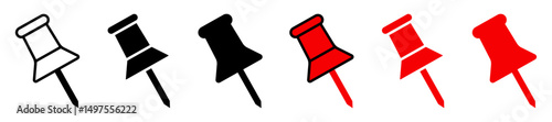 Set of six vector push pin icons in various styles outline, solid, and bold. Includes black and red versions. Ideal for office, stationery, maps, or UI design themes. Clean, minimal look. Icons.