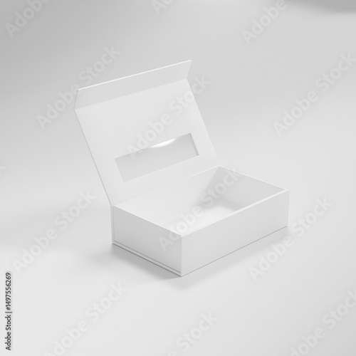 paper box packaging mockup, luxury gift box with window display, white paperboard rectangular packaging, square shape cardboard box with clear pvc window, elegent perfume packaging