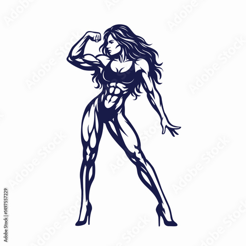 Stylized Illustration of a Muscular Female Bodybuilder Posing