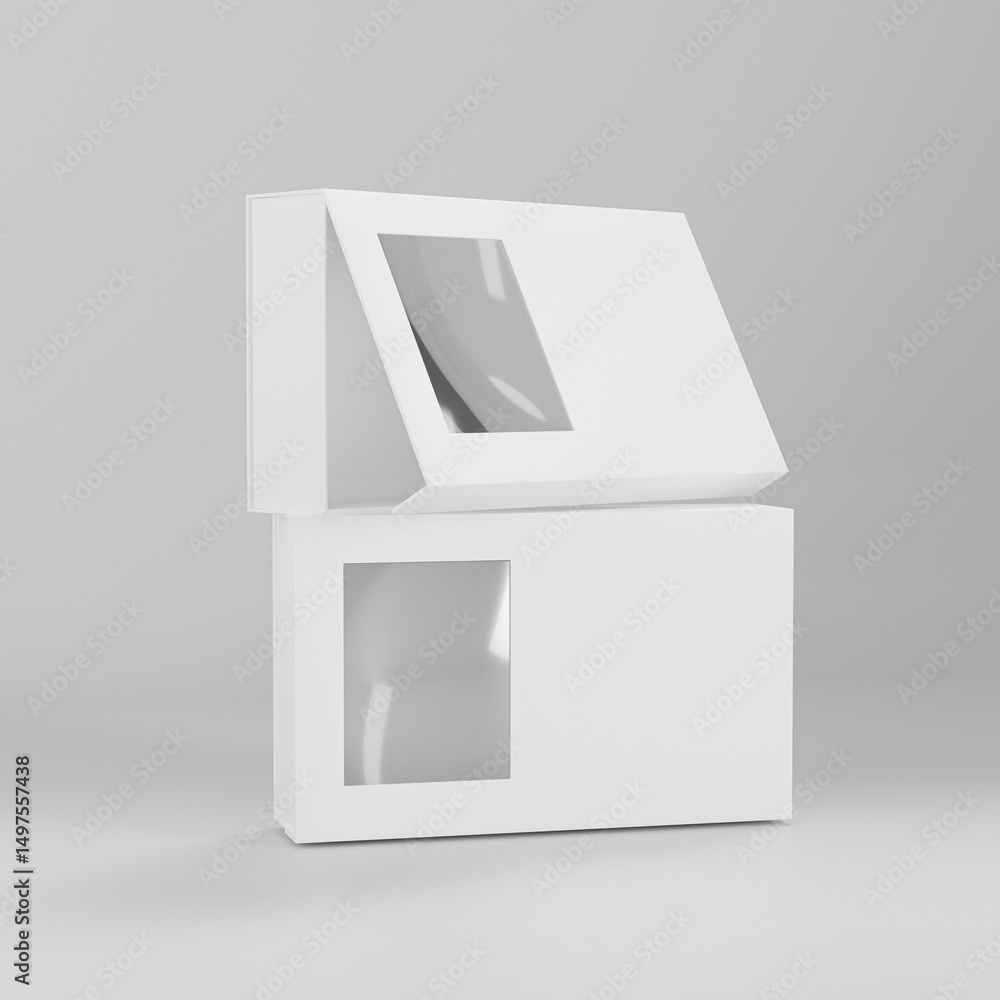 Obraz premium paper box packaging mockup, luxury gift box with window display, white paperboard rectangular packaging, square shape cardboard box with clear pvc window, elegent perfume packaging