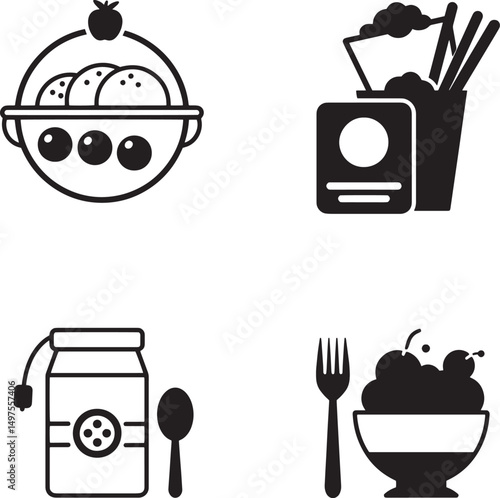 Collection of black silhouette food icons representing different dishes and dietary choices