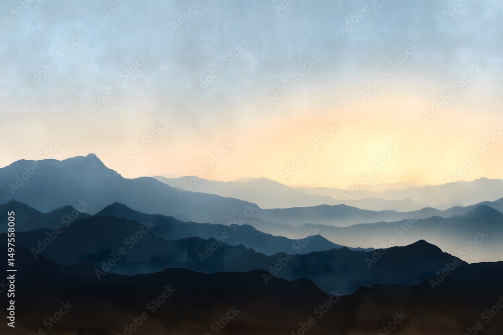 Obraz premium Minimalist mountain range landscape view with layers of peaks and hazy sky. Abstract tranquil natural background for wellbeing concept.