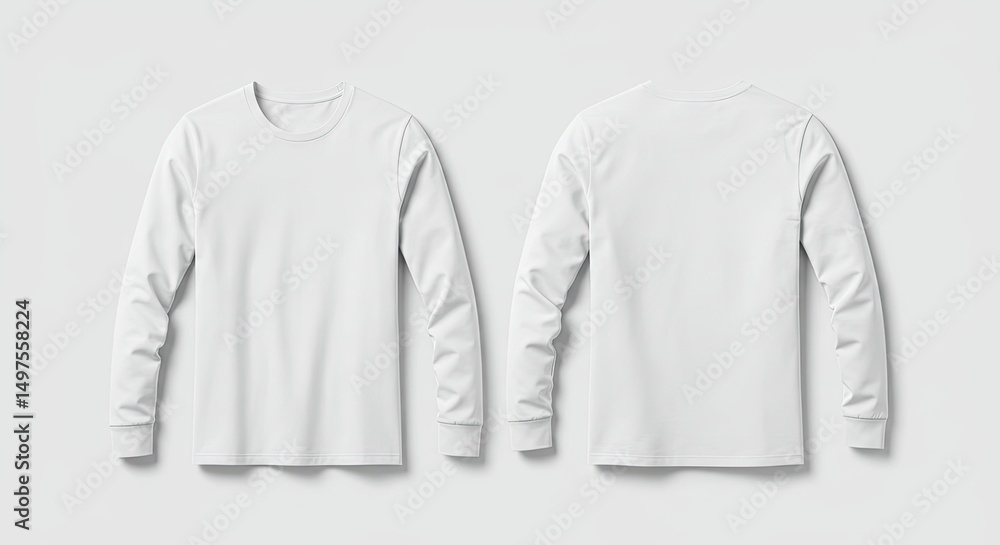White Long Sleeve T-Shirt Mockup: Front and back view of a plain white long-sleeve t-shirt, perfect for showcasing your designs or branding. White Long Sleeve T-Shirt Mockup: Front and back view of a plain white long-sleeve t-shirt, perfect for showcasing your designs or branding.