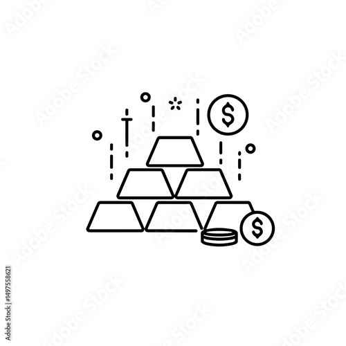 Icon of gold bars and coins representing wealth and investment in a minimalist style on white background with copy space