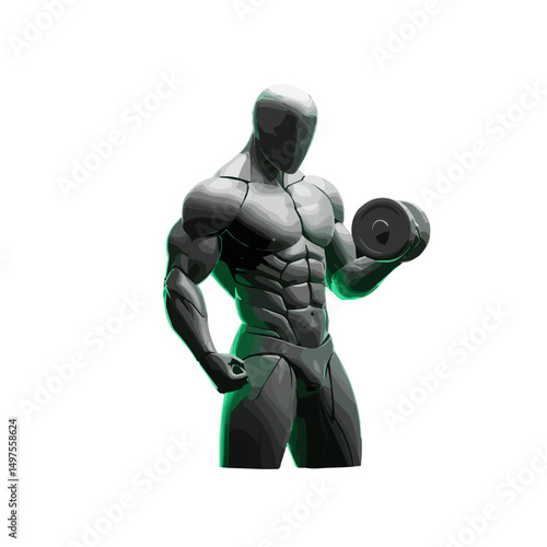 3D vector muscle man exercising with dumbbell on dark background