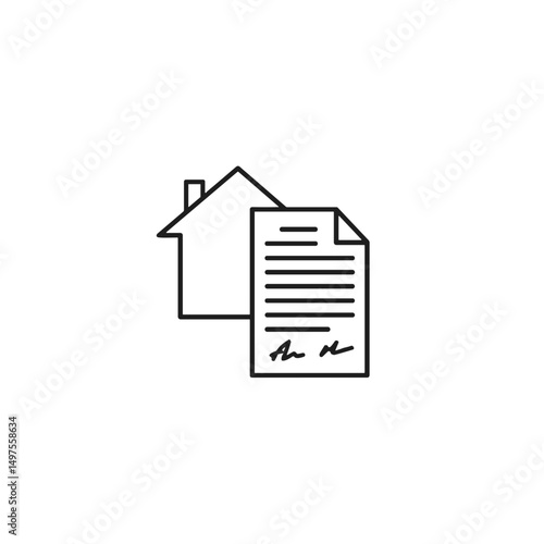 Icon of a house and a signed contract representing real estate and property agreements in a minimalist style on white background with copy space