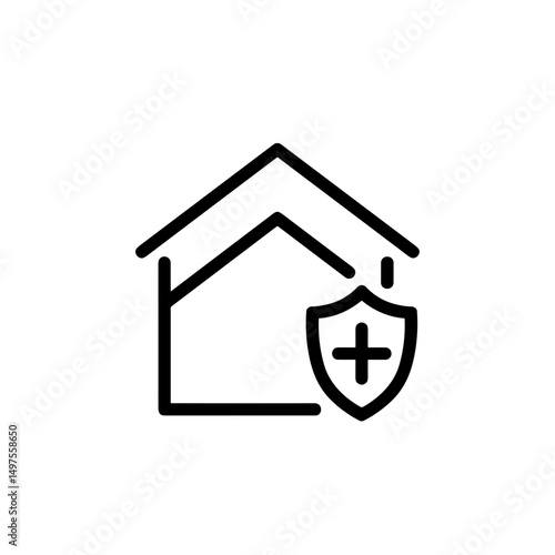 Icon of a house with a shield representing home insurance in a minimalist style on white background with copy space