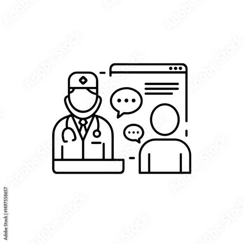 Icon of a doctor consulting a patient through a web interface in a minimalist style on white background with copy space