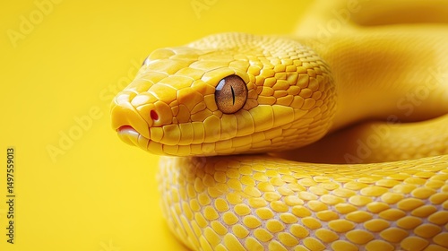 Vibrant yellow snake coiled on bright background close-up