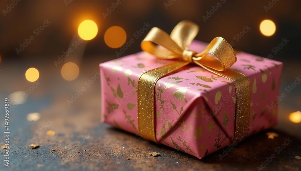 Gold thread accents on a whimsical wrapped present, soft lighting, design, whimsical, wrapping Gold thread accents on a whimsical wrapped present, soft lighting, design, whimsical, wrapping