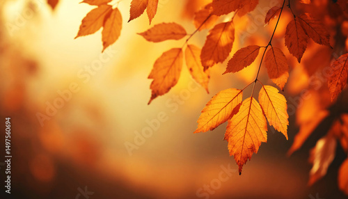 Close-up of bright orange and gold fall leaves hanging from a tree branch, softly illuminated by warm, diffused sunlight. The blurred background enhances the seasonal atmosphere, evoking warmth