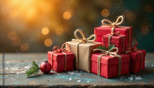 Several gifts tied with twine, bathed in warm light , shadows, elegant