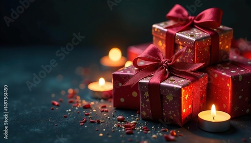 Sparkling wrapped gifts, surrounded by burning candles, dark background, anniversary, candles, romantic