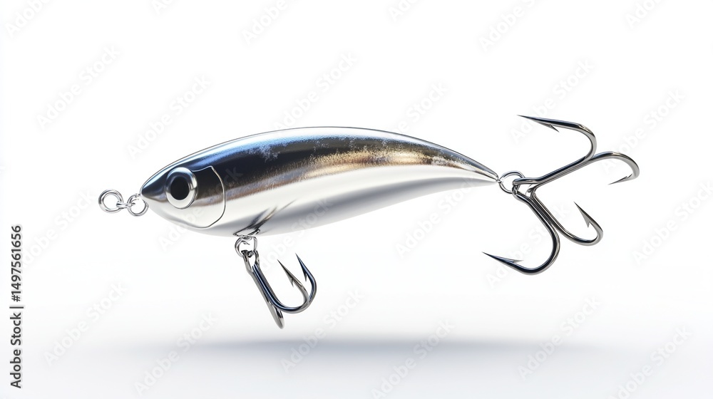 Polished silver fishing lure, streamlined body, three treble hooks, isolated on white Polished silver fishing lure, streamlined body, three treble hooks, isolated on white