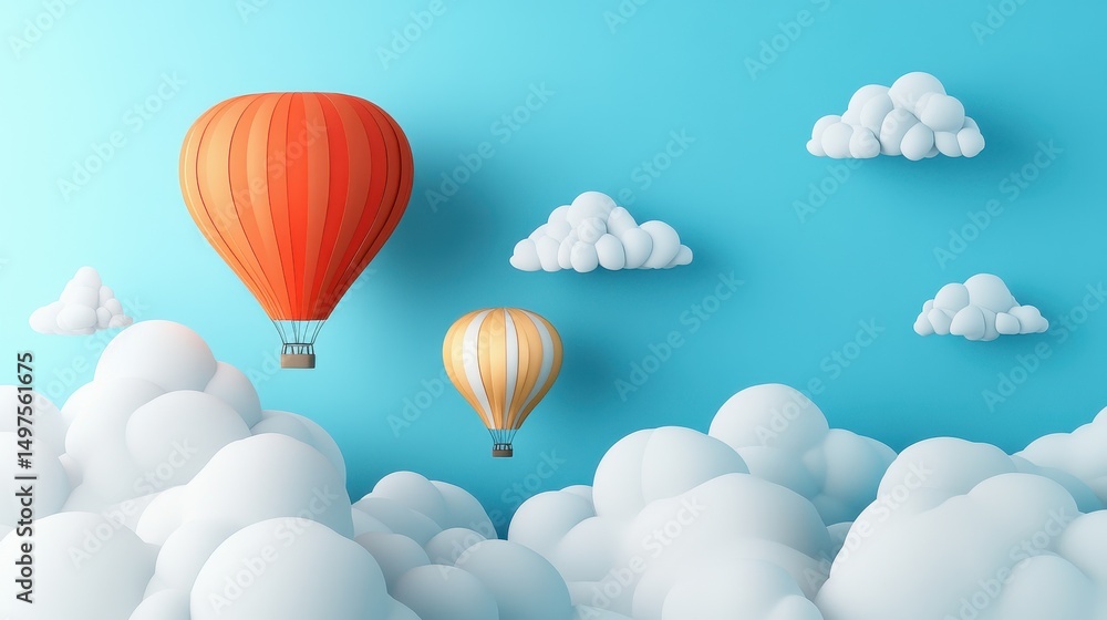 Obraz premium Colorful hot air balloons floating among fluffy clouds in a clear blue sky