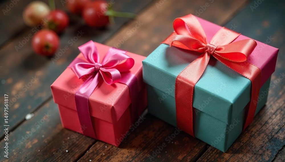 Obraz premium Vibrant gift boxes, satin ribbons, rustic wood table, packaging, design, texture