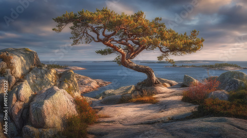 Tree on rocky coastal cliff with sea view under cloudy sky, scenic natural landscape with sunlight and horizon for travel background