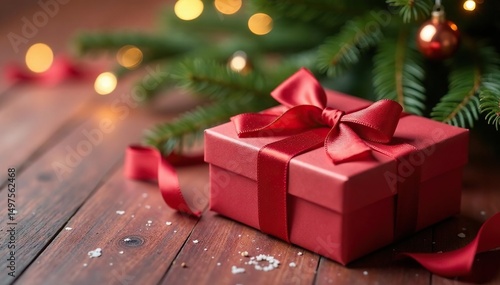 Elegant gift box, silk ribbon, under Christmas tree , needle, wood, background