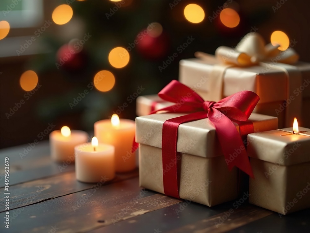 Elegantly wrapped gifts, candlelight ambiance , gift wrapping, e-commerce imagery Elegantly wrapped gifts, candlelight ambiance , gift wrapping, e-commerce imagery