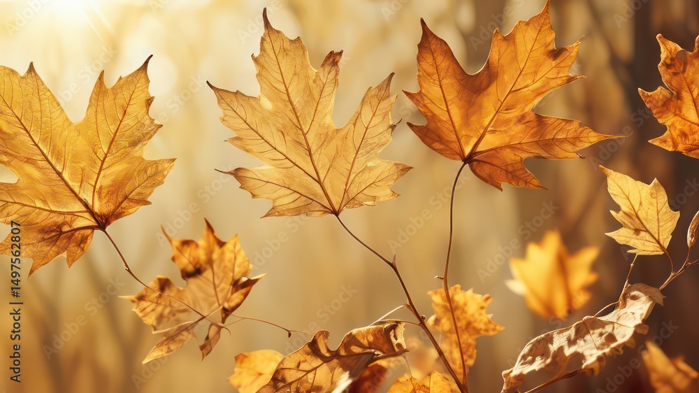 Obraz premium Golden Autumn Leaves Nature's Subtle Beauty in Backlit Sunlight