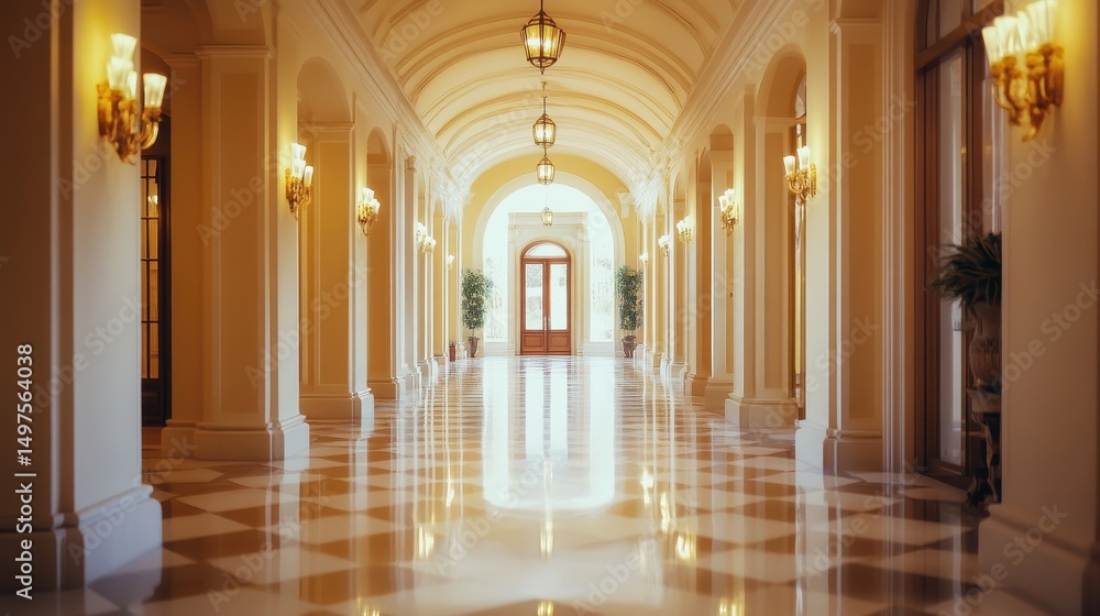 Obraz premium A luxurious hallway with columns and marble floors is softly lit. Use to depict wealth, elegance, or classic architectural design.