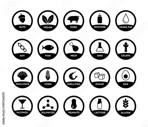 Allergen icons set on black colour