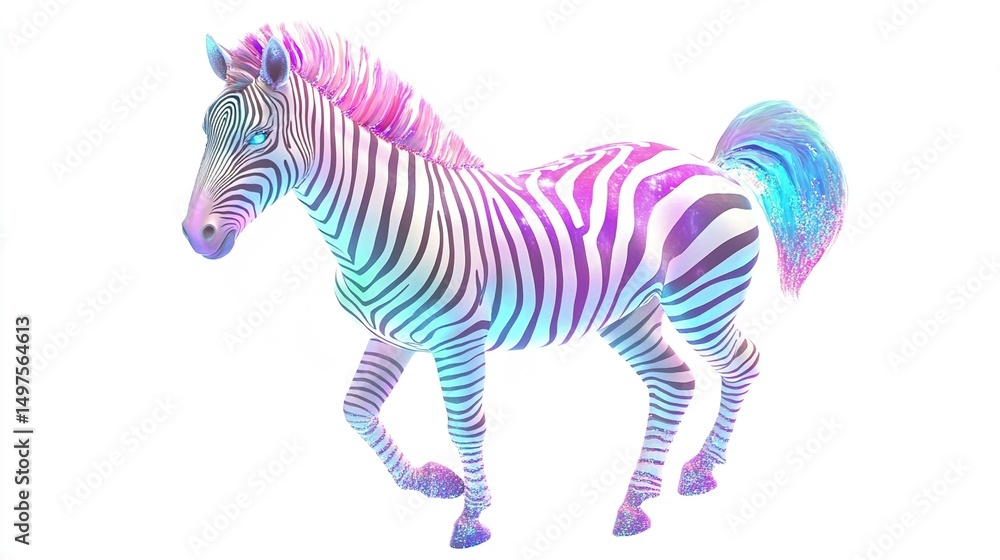 Fototapeta premium Colorful zebra in motion, vibrant stripes, holographic effect