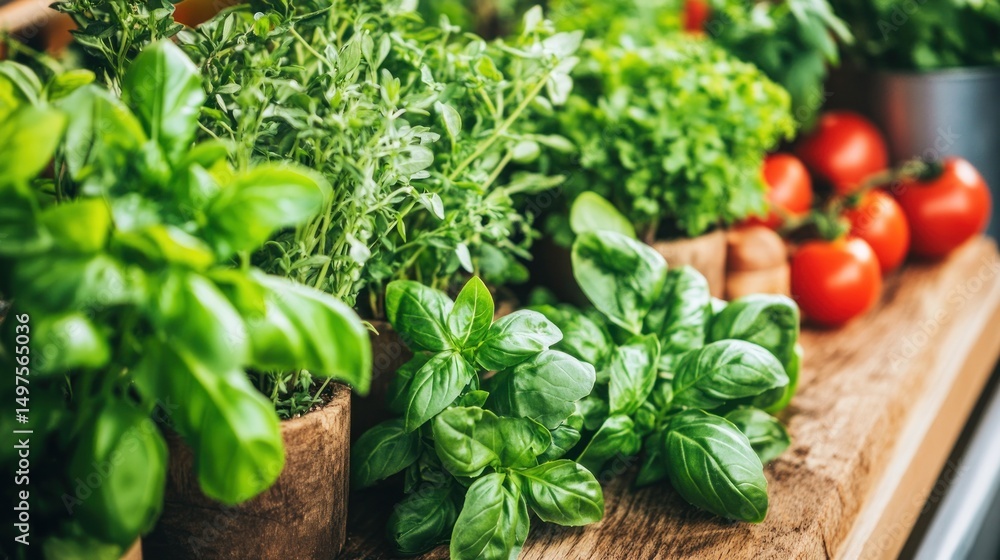 Fresh herbs and ripe tomatoes on wooden surface. Fresh herbs and ripe tomatoes on wooden surface.
